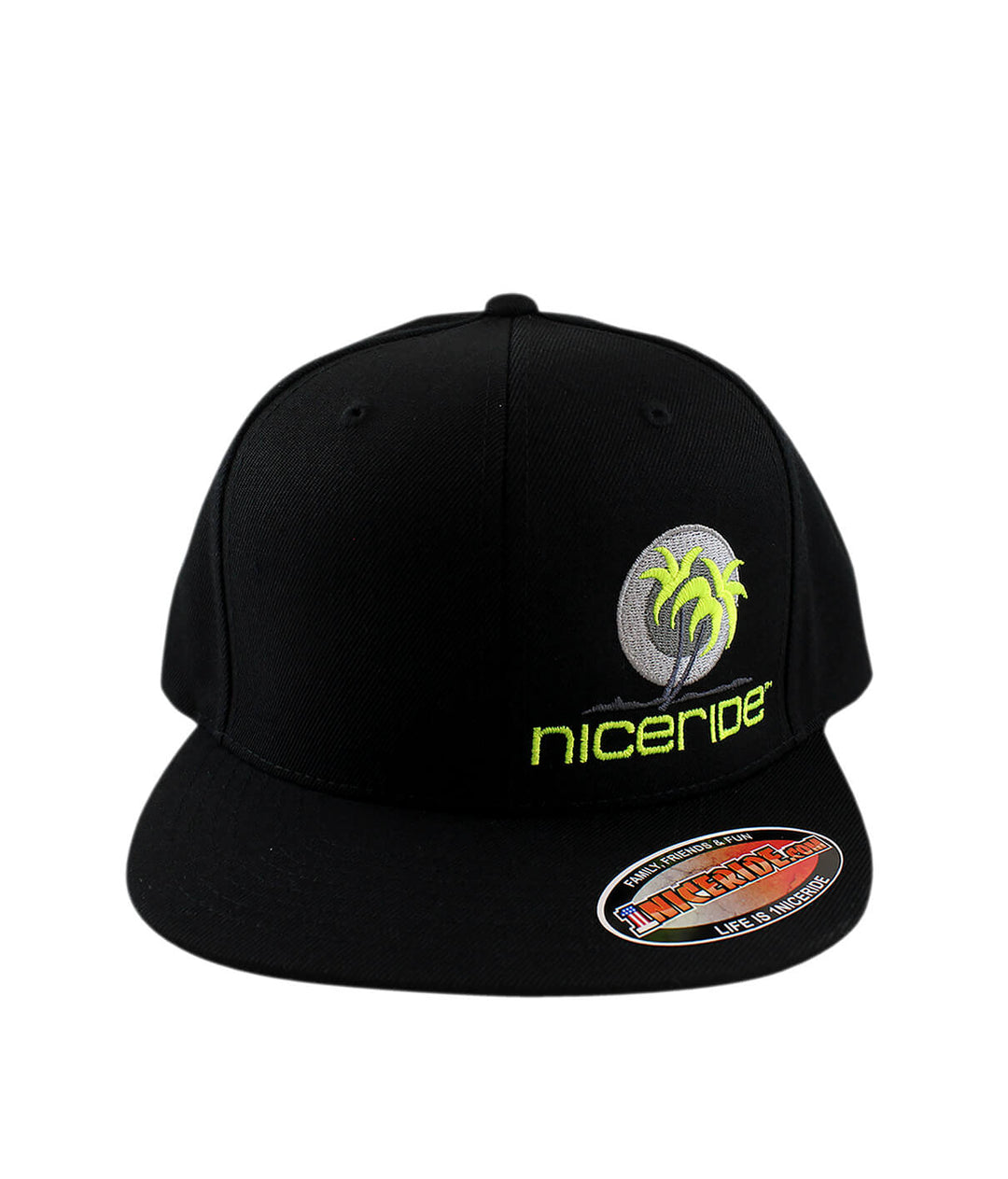 Metro Palm Snapback Hat from NICERIDE, a stylish black hat with palm tree design and embroidered logo.
