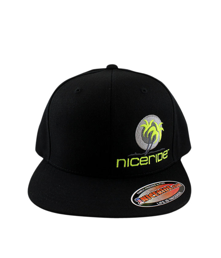 Metro Palm Snapback Hat from NICERIDE, a stylish black hat with palm tree design and embroidered logo.