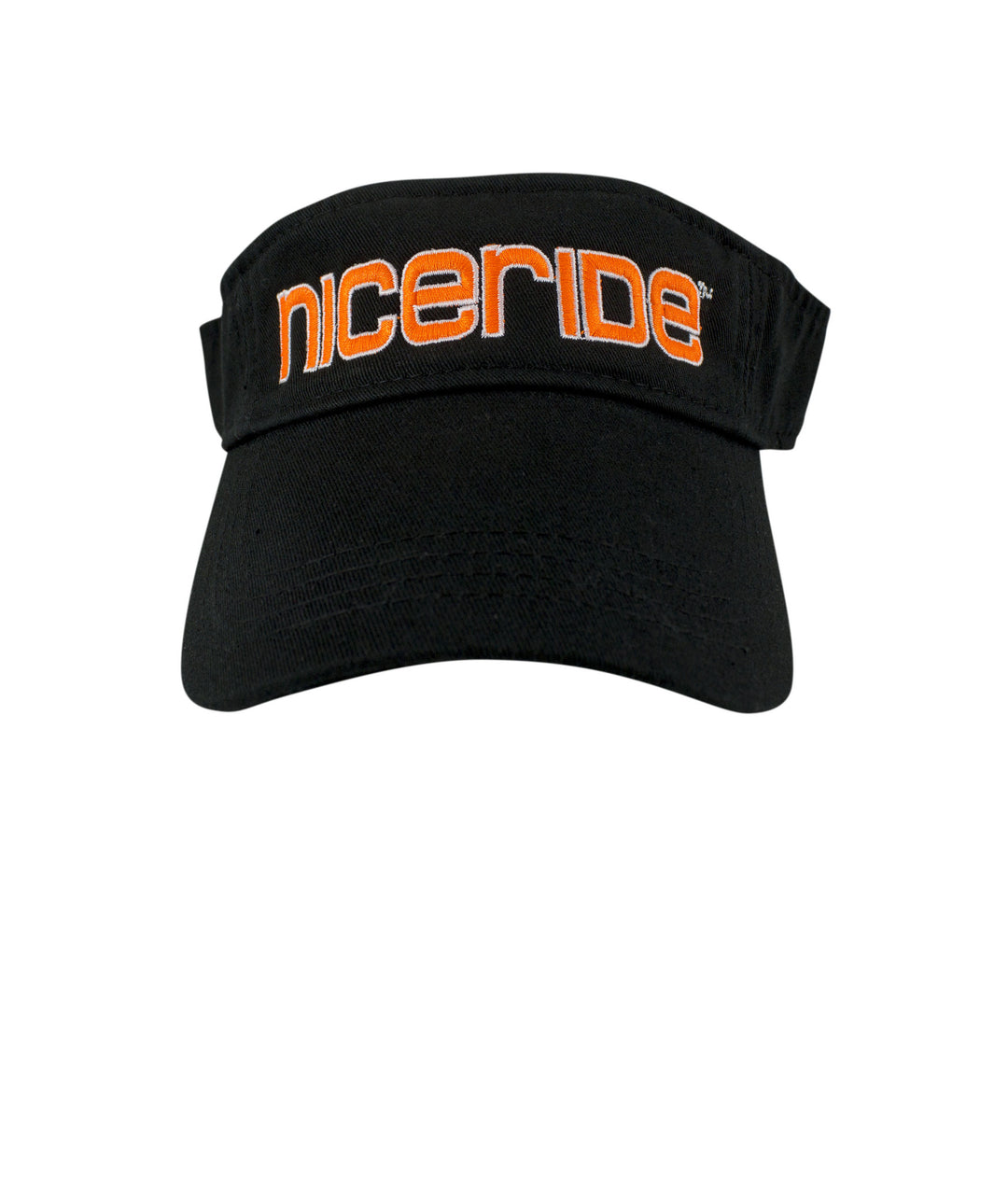 Black visor with NICERIDE logo embroidered on the front, featuring a velcro enclosure for a secure fit.