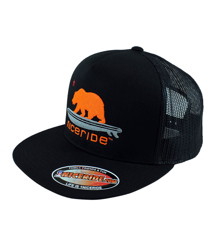 Hang 20 neon orange trucker hat with NICERIDE logo and black mesh back.