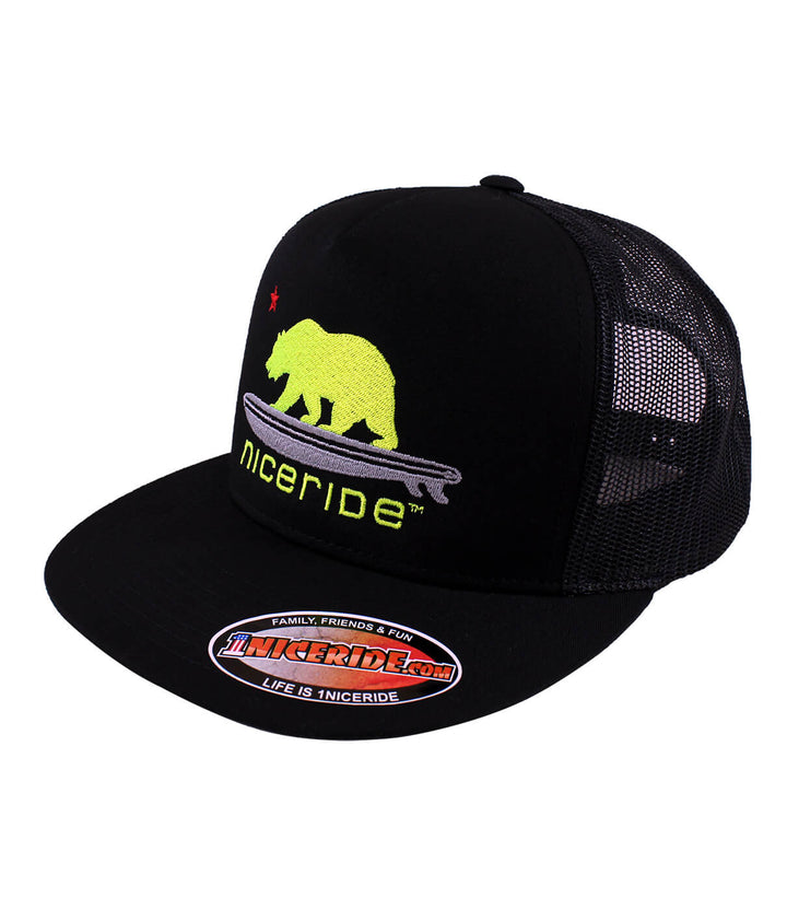 Hang 20 Trucker Hat featuring NICERIDE logo and bear embroidery, a stylish snapback hat.