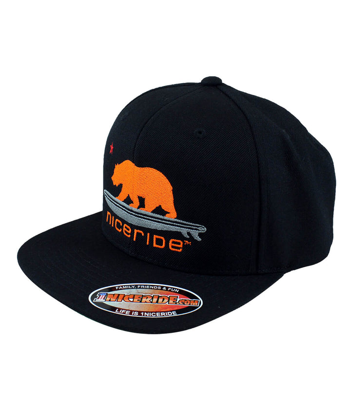 Hang 20 black snapback hat with embroidered bear logo and NICERIDE design.