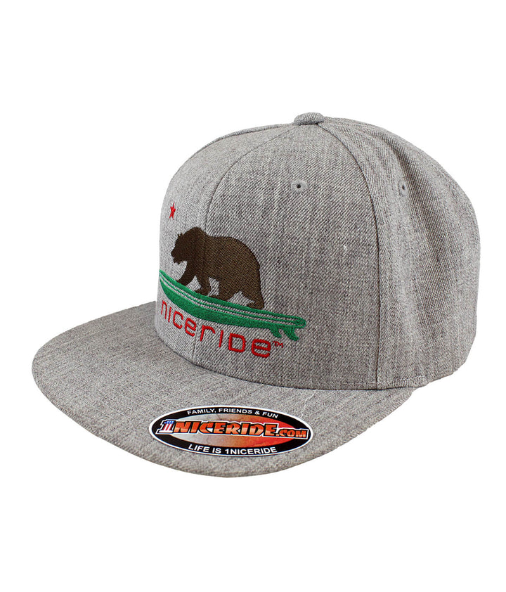 Hang 20 Heather Grey Snapback hat featuring NICERIDE design and palm logo, classic shape and green undervisor.