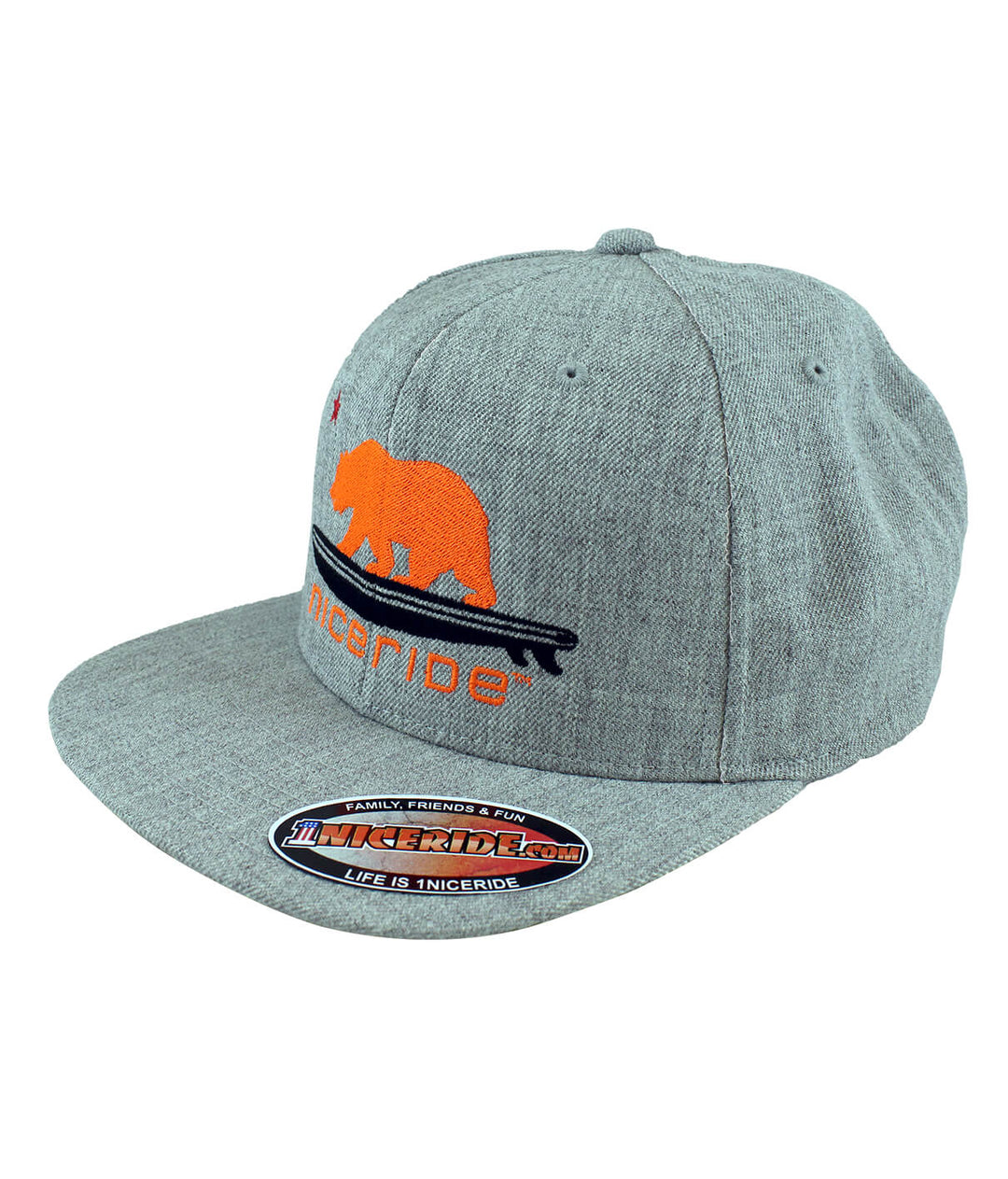 "Hang 20" Heather Grey Snapback hat featuring embroidered design and classic palm logo.