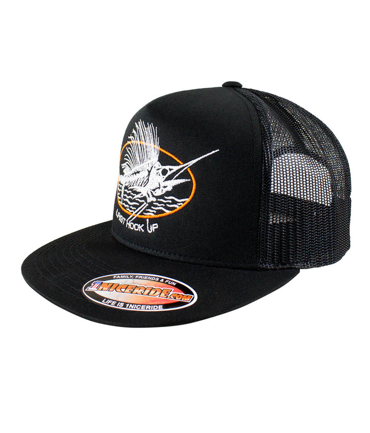 Last Hook Up Trucker Hat featuring embroidered design on front panel and NICERIDE branding.