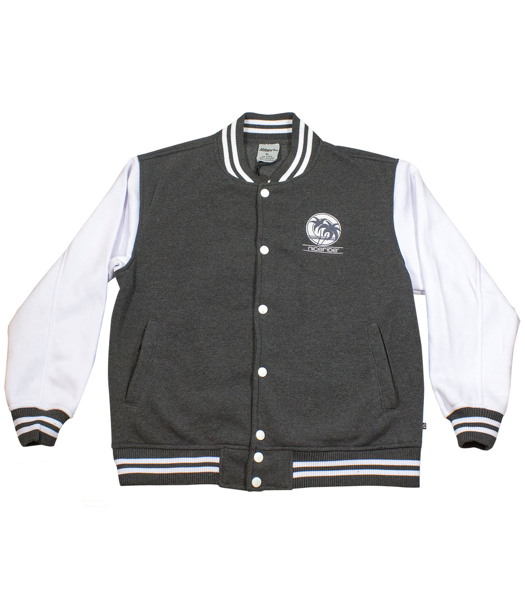 Sunset Strip jacket featuring a gray body with white sleeves and embroidered design on chest.