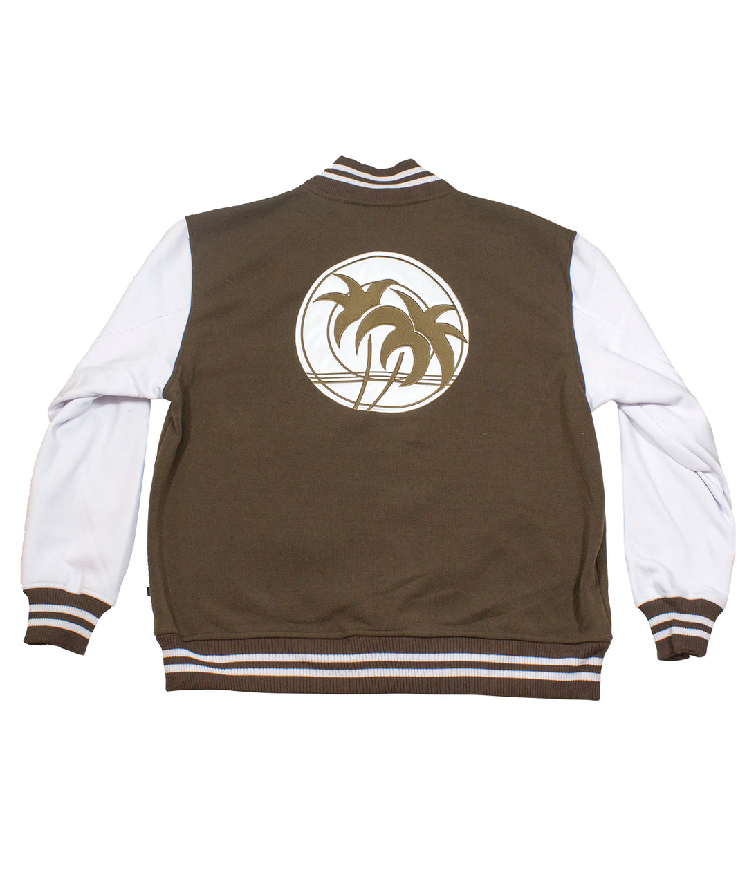 Back view of the Sunset Strip jacket featuring a palm tree design on a varsity style.