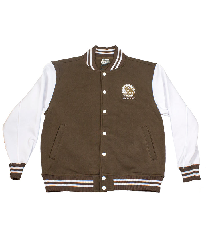 Sunset Strip jacket featuring a brown body and white sleeves with palm design on the left chest.