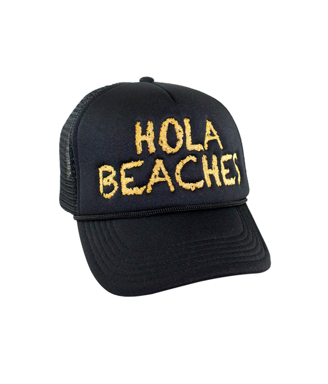 Hola Beaches Foam Trucker Hat with embroidered text, perfect summer accessory, featuring the focus keyword hat.