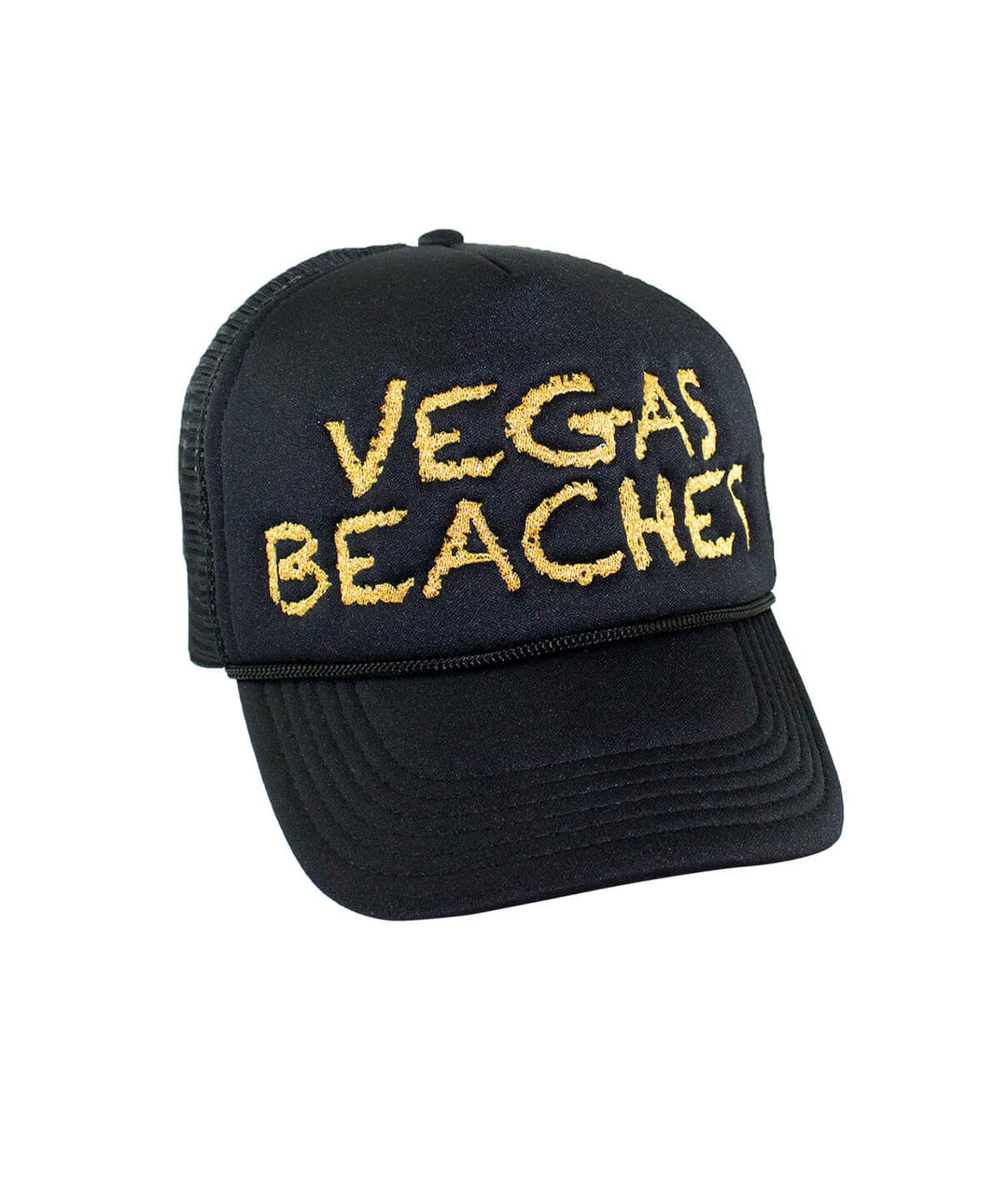 Vegas Beaches Foam Trucker Hat featuring embroidered text, perfect summer hat for beach outings.
