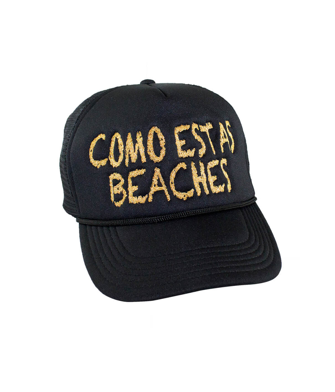 Como Estas Beaches Foam Trucker Hat, stylish hat with embroidered text, perfect for casual wear.