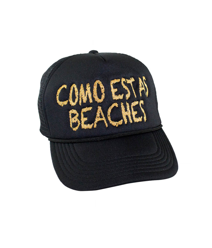 Como Estas Beaches Foam Trucker Hat, stylish hat with embroidered text, perfect for casual wear.