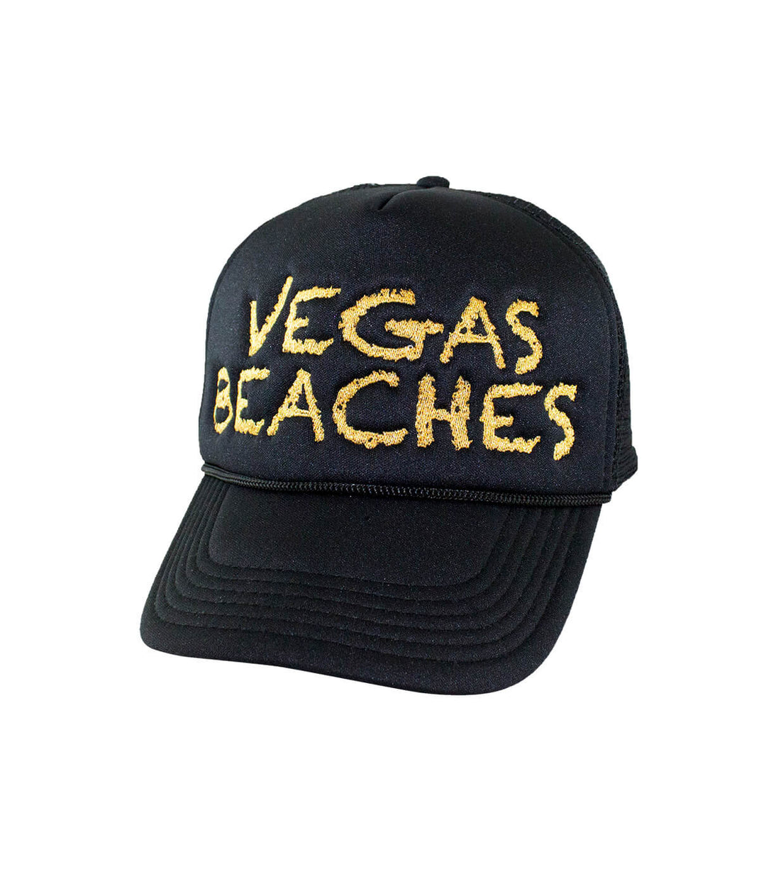 Vegas Beaches Foam Trucker Hat featuring embroidered design, perfect for beach outings and casual wear.