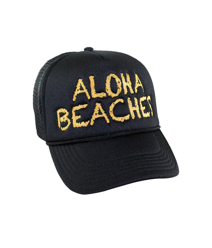 Aloha Beaches Foam Trucker Hat featuring embroidered text on the front panel, perfect summer hat.