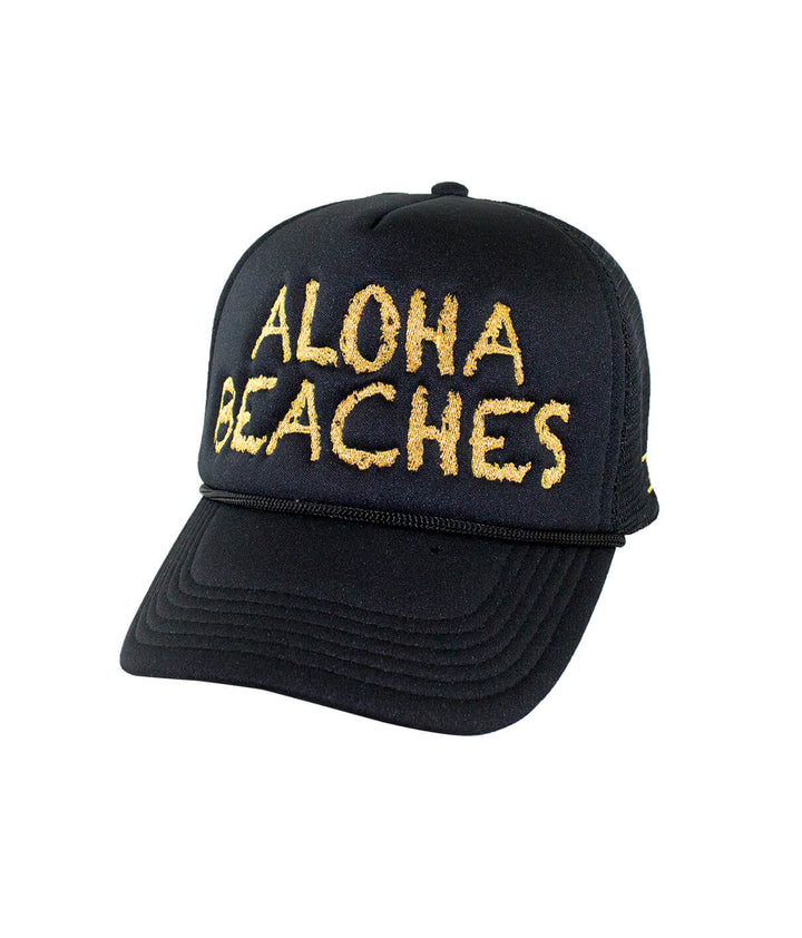Aloha Beaches Foam Trucker Hat with embroidered text, perfect summer accessory hat for beach lovers.