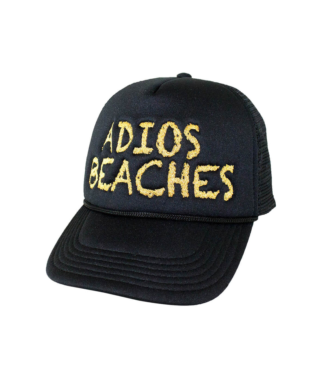 Adios Beaches foam trucker hat featuring embroidered text on the front panel, perfect summer accessory.