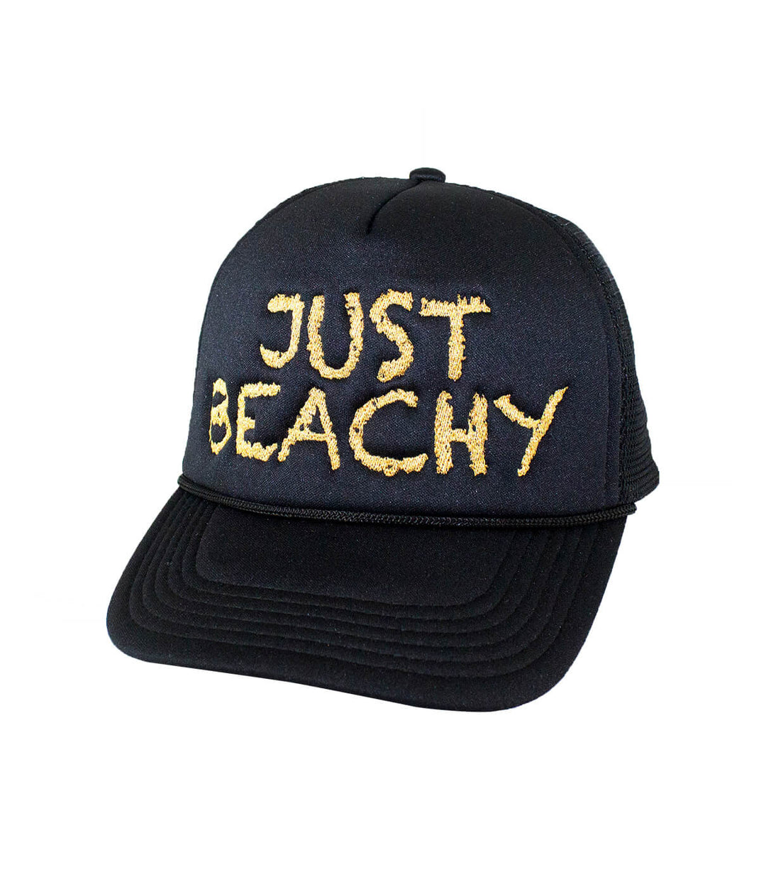 Foam trucker hat with "Just Beachy" embroidered, perfect hat for sunny beach days.