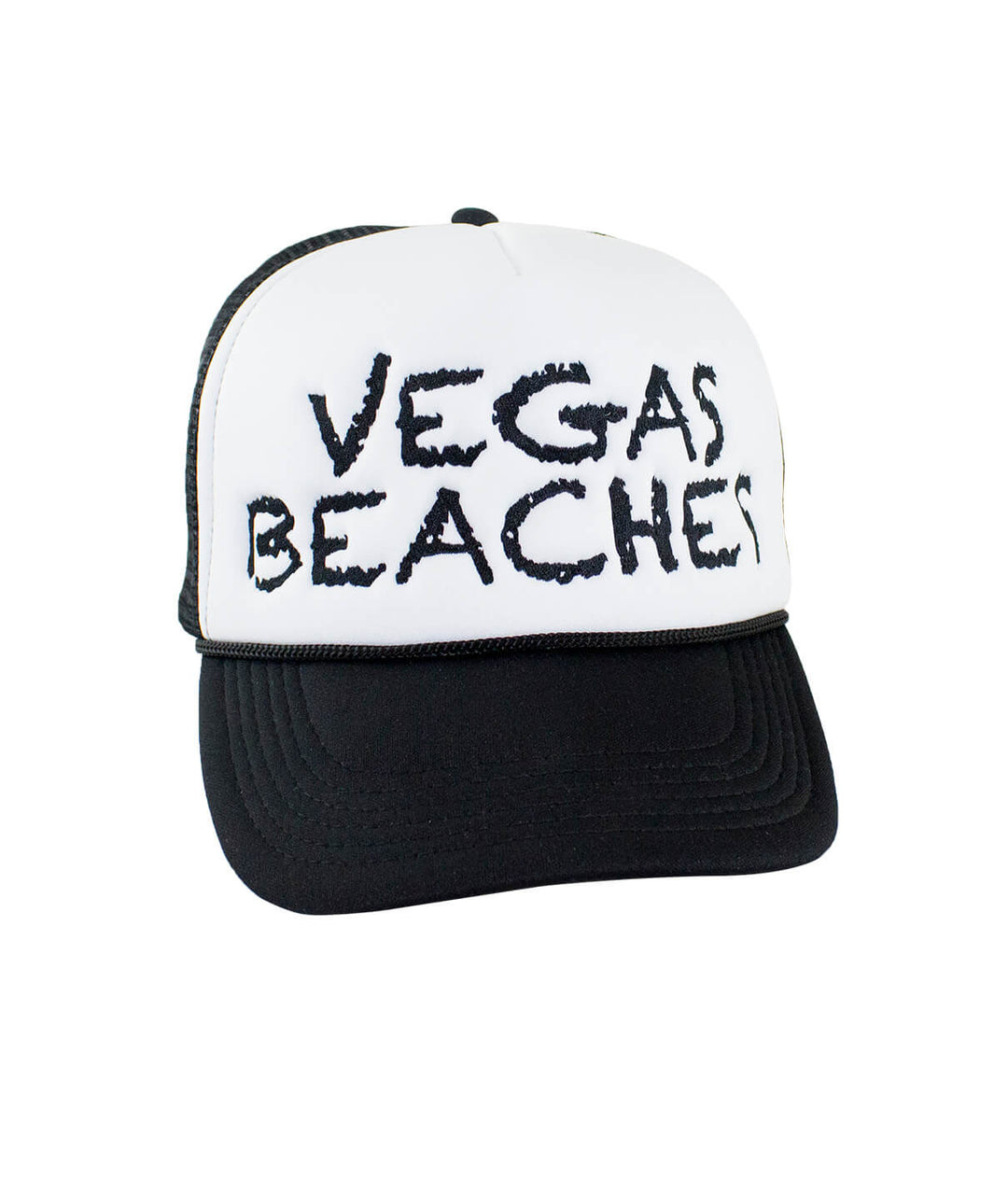 Vegas Beaches Foam Trucker Hat featuring embroidered text, perfect for casual outings and sun protection.