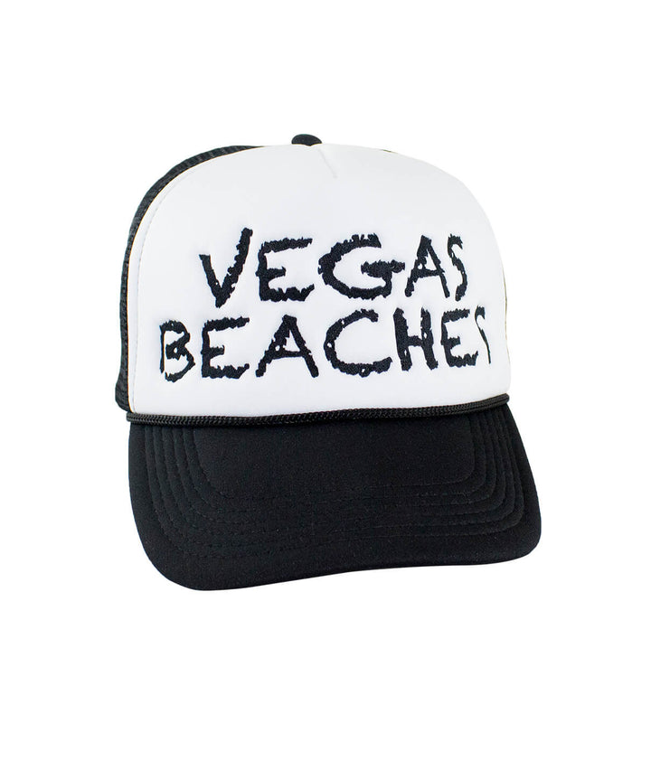 Vegas Beaches Foam Trucker Hat featuring embroidered text, perfect for casual outings and sun protection.