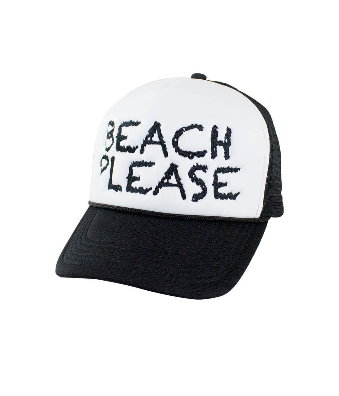 Beach Please Foam Trucker Hat, black and white baseball cap, perfect for beach lovers, showcasing the phrase Beach Please.