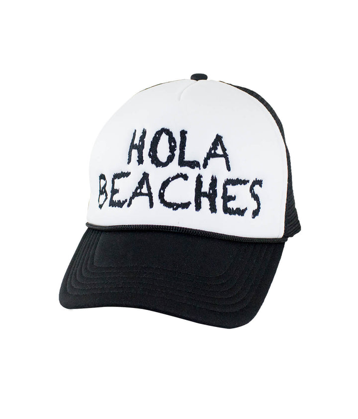 Hola Beaches Foam Trucker Hat with black mesh and white front panel, perfect for beach lovers, features embroidered text.