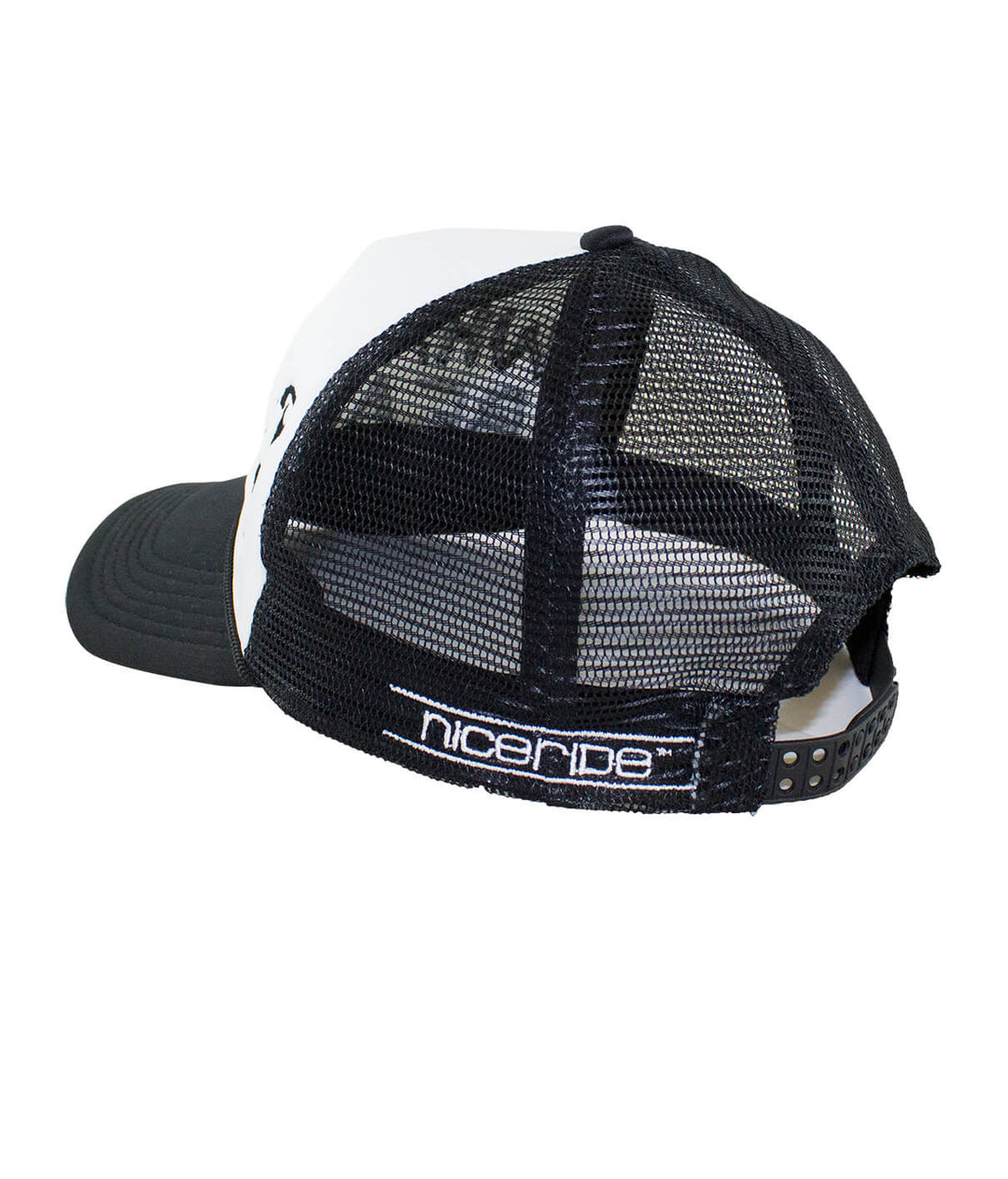 Rear view of Happy Camper foam trucker hat with NICERIDE embroidery, showcasing the mesh and adjustable strap design.