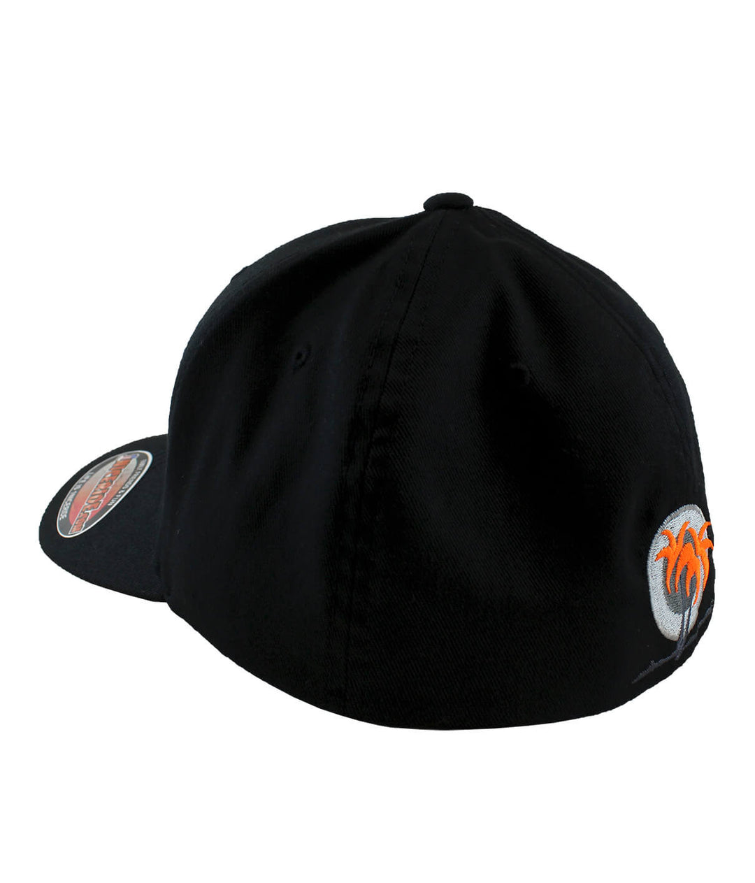 Back view of the Global Classic Flexfit Hat, showcasing black fabric and palm logo with orange leaves.