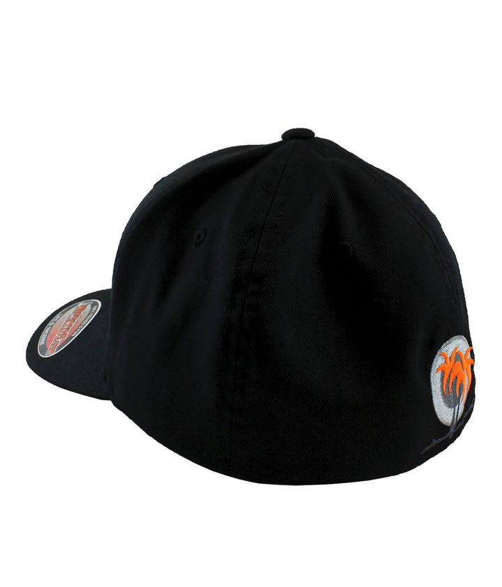 Back view of the Global Classic Flexfit Hat, showcasing black fabric and palm logo with orange leaves.