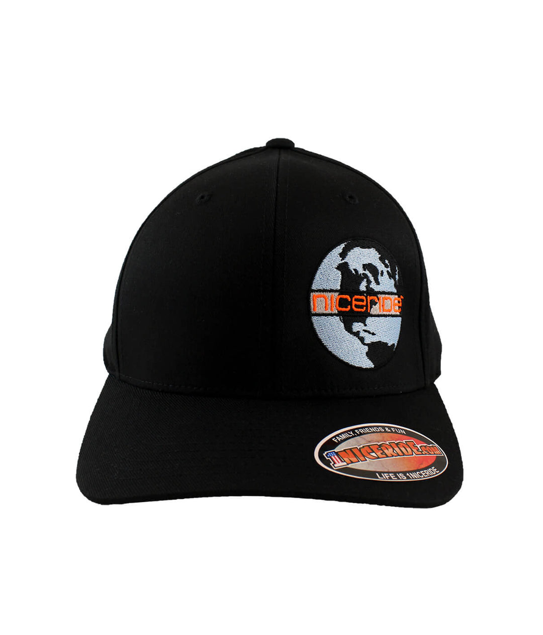 Global Classic Flexfit Hat in black with embroidered design, showcasing NICERIDE logo and earth graphic, perfect hat for casual wear.