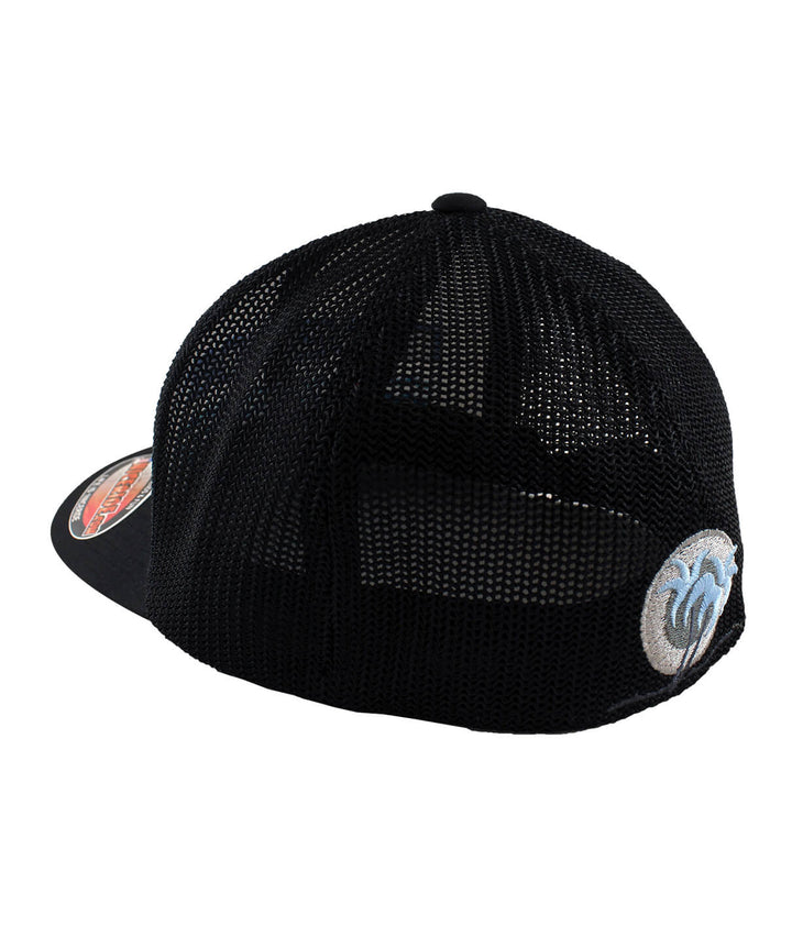 Back view of the On The Water Meshback Flexfit hat showcasing black mesh and embroidered palm logo.