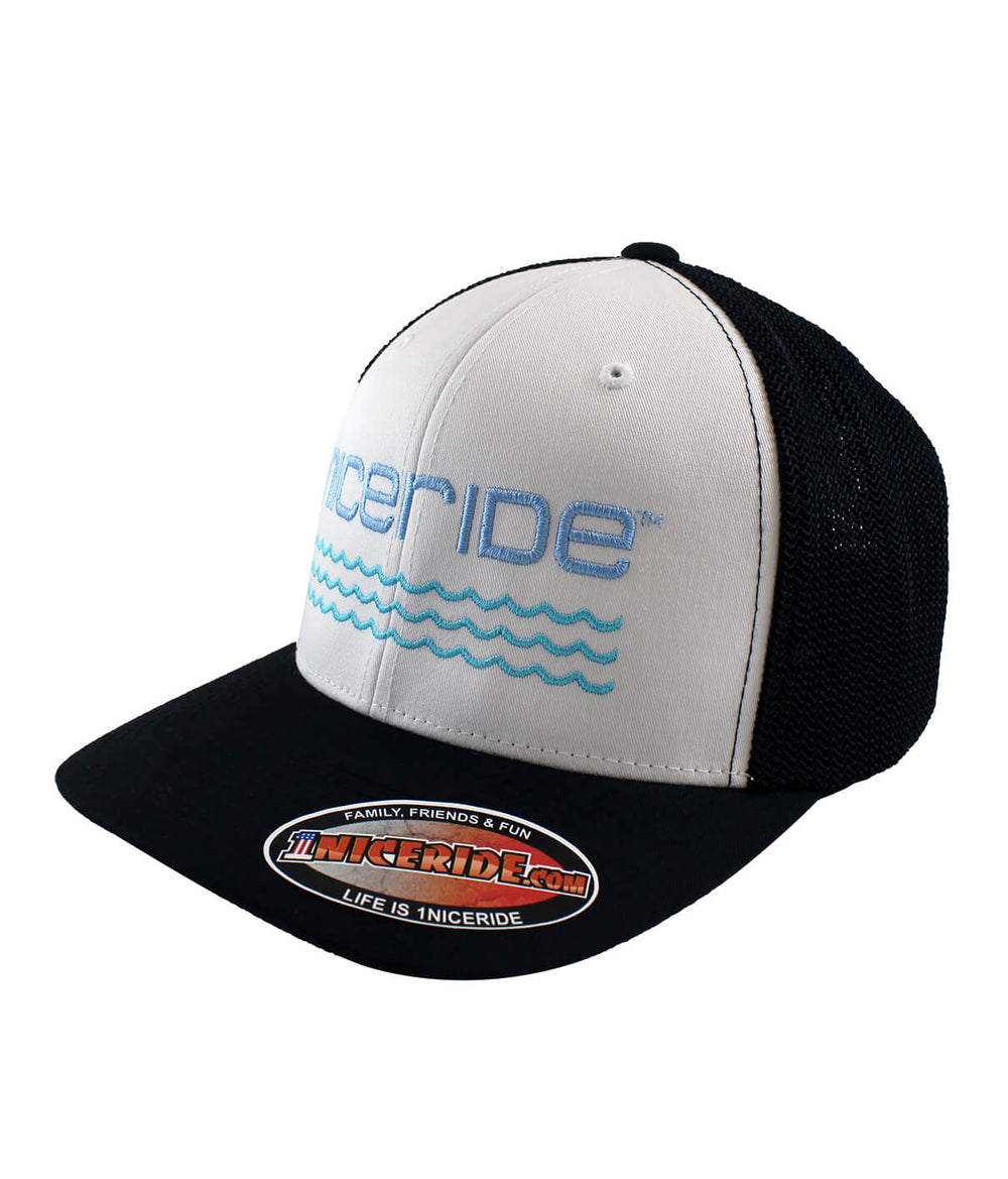 On The Water Meshback Flexfit hat featuring light blue design and black mesh sides, perfect for outdoor adventures.