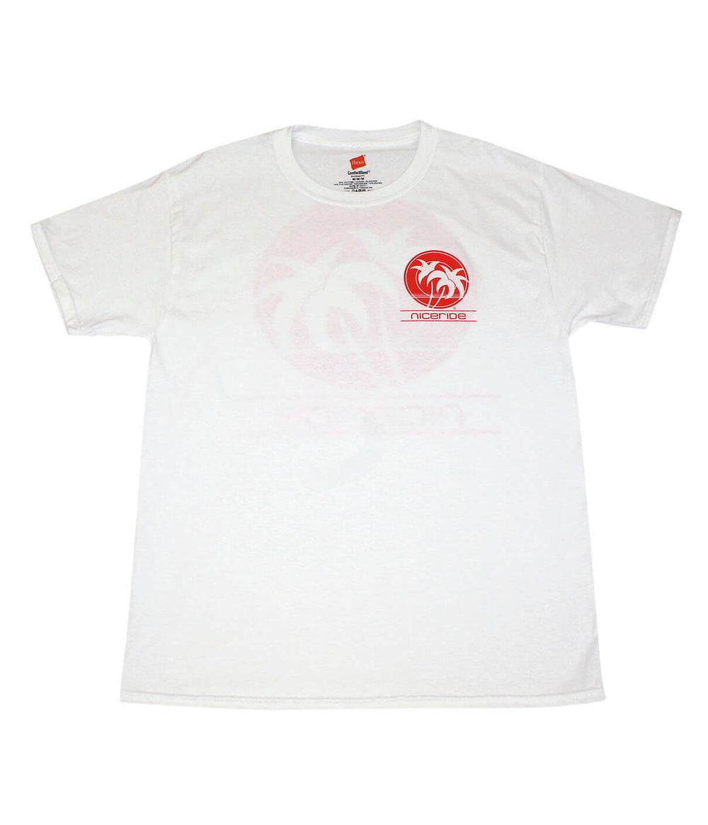 Sunset Strip - Hanes Men's White Short Sleeve Shirt featuring palm tree design on left chest.