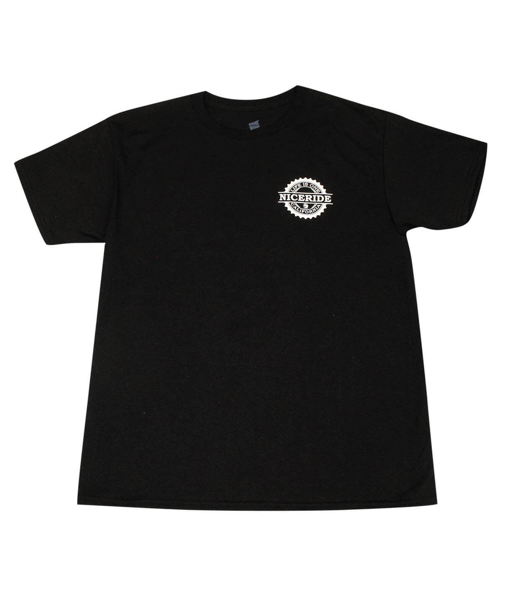 Hanes Men's Cotton Blen Short Sleeve T-Shirt in black with NICERIDE logo on the left chest, perfect shirt for any occasion.