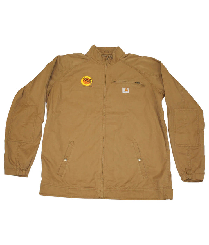 Big Country jacket in brown with NICERIDE logo embroidered on chest and back, folded and bagged for shipping.