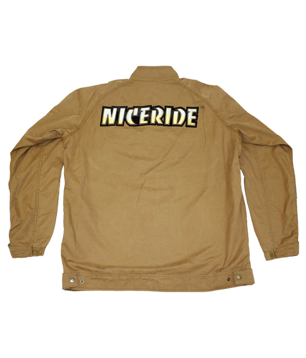 Back view of a brown Carhartt jacket featuring NICERIDE logo embroidered on the back, designed and made in the USA.