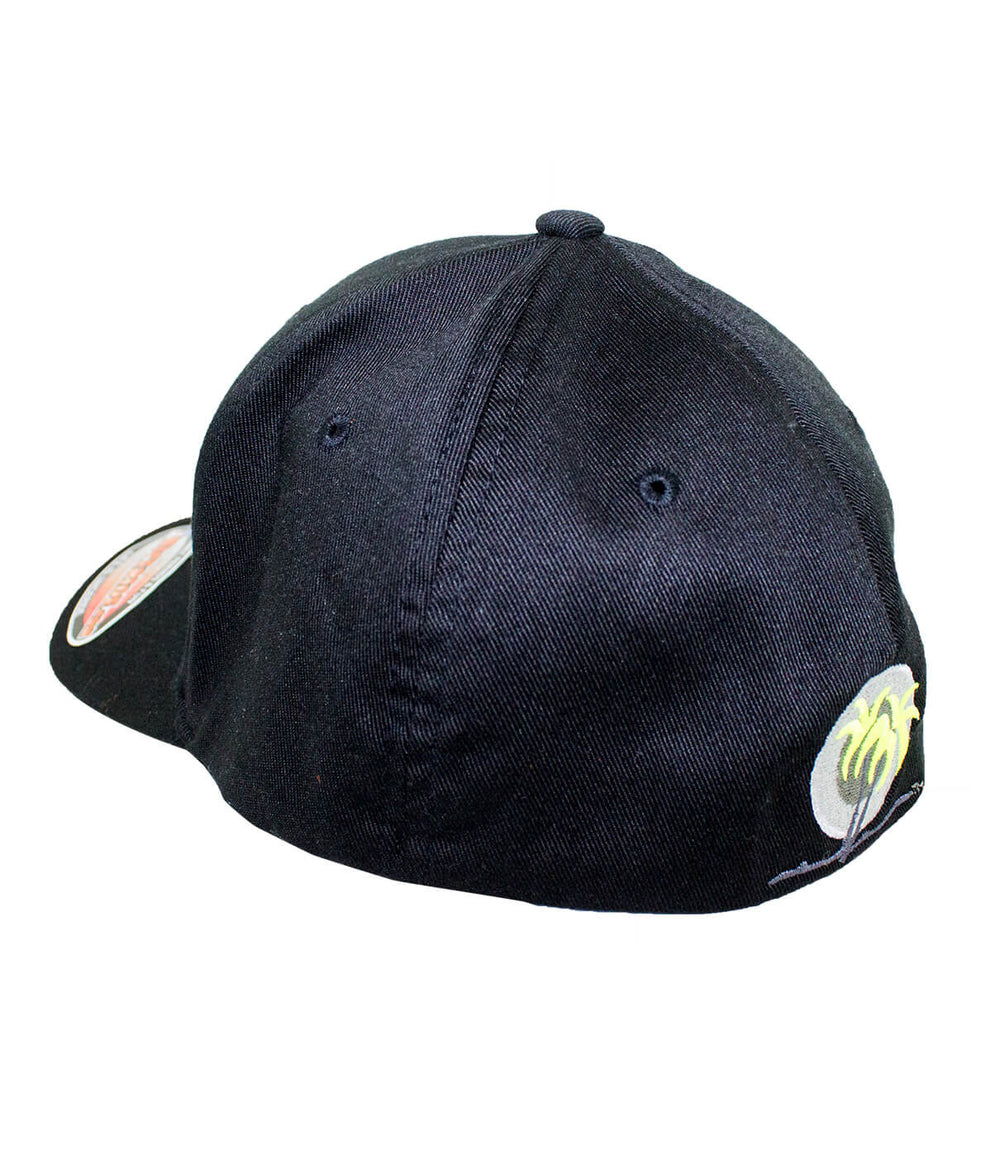 back view of the Bold Tower black classic Flexfit hat showcasing the palm logo embroidered on the side.