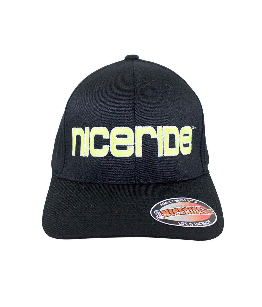 Bold Tower Black Classic Flexfit Hat featuring NICERIDE logo on front, perfect for casual wear.