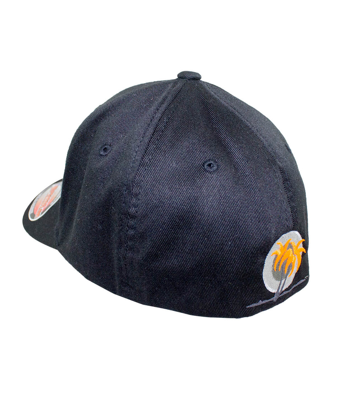 Back view of the Bold Tower black classic Flexfit hat showcasing palm logo embroidery, hat design by NICERIDE.