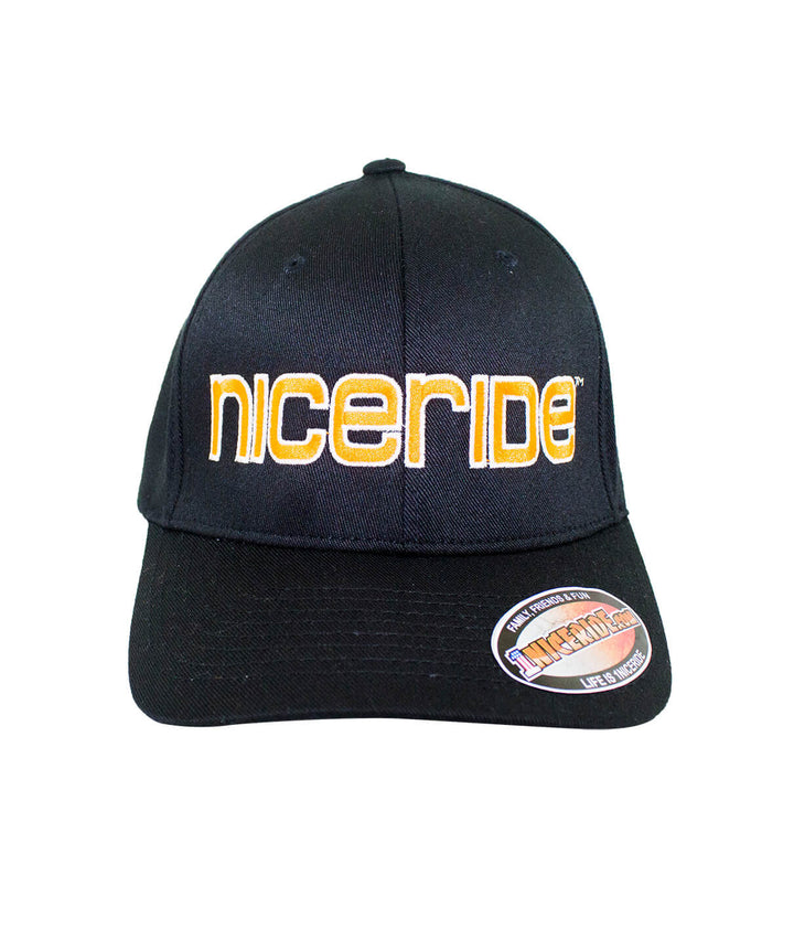 Bold Tower Black Classic Flexfit Hat featuring NICERIDE logo, designed and embroidered in the USA.