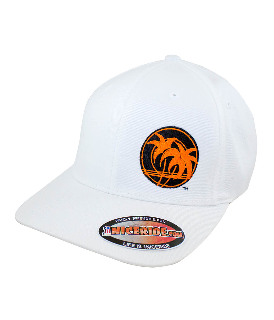 Retro Palm Classic Flexfit hat with embroidered palm logo in orange on white background.