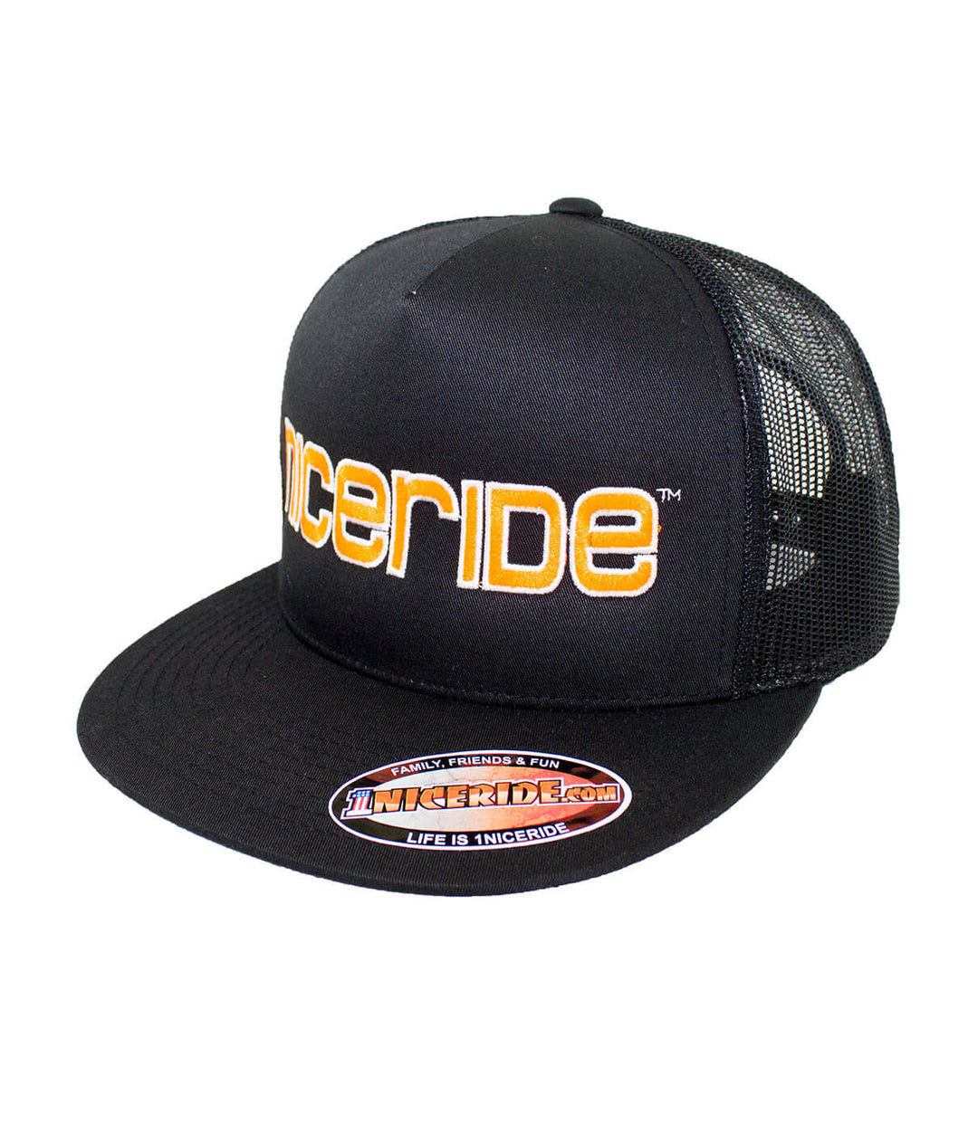 Bold Tower trucker hat featuring NICERIDE logo and neon orange design on the front panel, classic snapback hat.