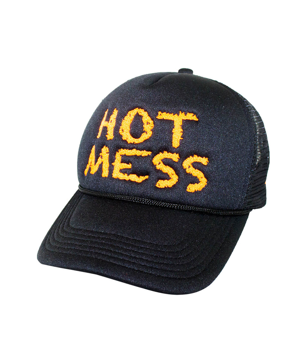 Hot Mess Foam Trucker Hat with embroidered text, a stylish baseball cap for casual wear, perfect hat for fashion enthusiasts.