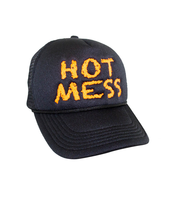 Hot Mess Foam Trucker Hat showcasing bold orange embroidery on a black baseball cap.