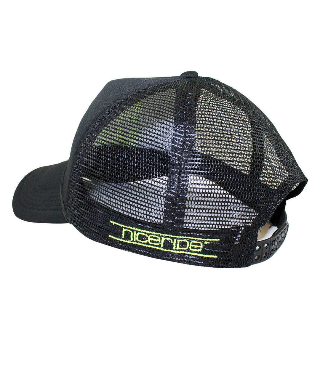 Back view of Hot Mess Foam Trucker Hat featuring NICERIDE embroidery, showcasing the breathable mesh design of the hat.