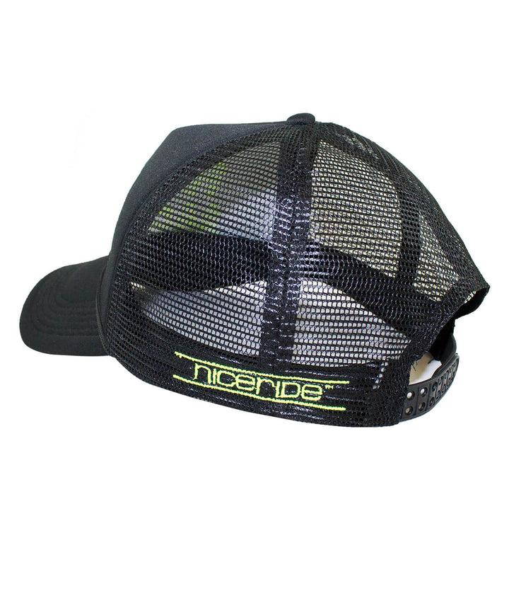 Back view of Hot Mess Foam Trucker Hat featuring NICERIDE embroidery, showcasing the breathable mesh design of the hat.