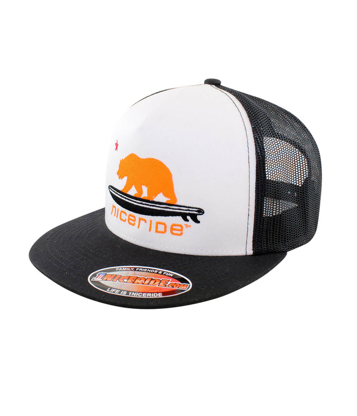 Hang 20 neon orange trucker hat featuring NICERIDE logo and bear design on cap.