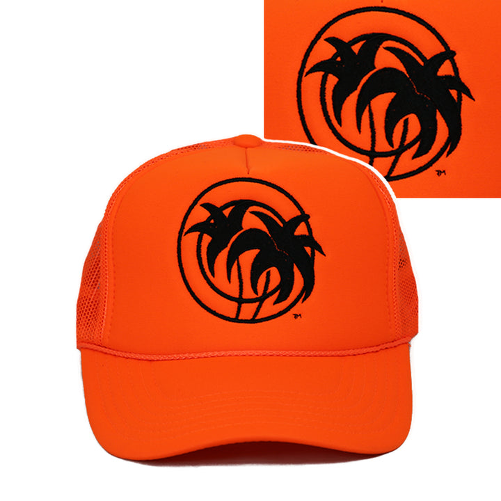 Hot Foam trucker hat in bright orange with black embroidered logo, perfect summer accessory, hat for style enthusiasts.