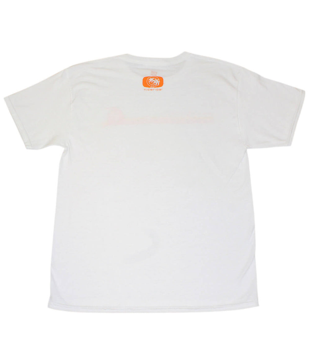 Back view of Tasty Waves white Hanes Men's Comfort Blend shirt showcasing NICERIDE logo.