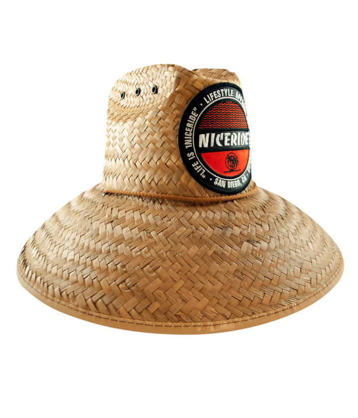 Straw beach hat with NICERIDE Badge Patch, perfect for sunny days, featuring a wide brim for sun protection.