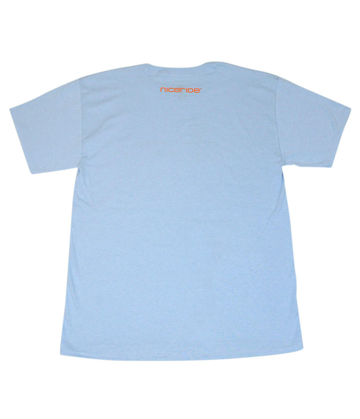 Back view of the Sunset blue shirt featuring NICERIDE logo on the rear yoke.